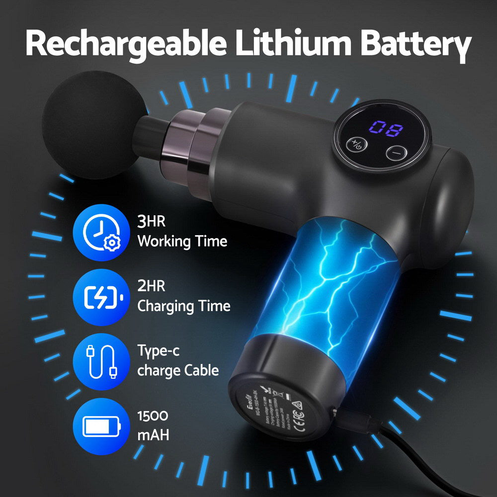 Everfit Massage Gun 8 Speed 4 Heads Vibration Muscle Massager Chargeable Black-4