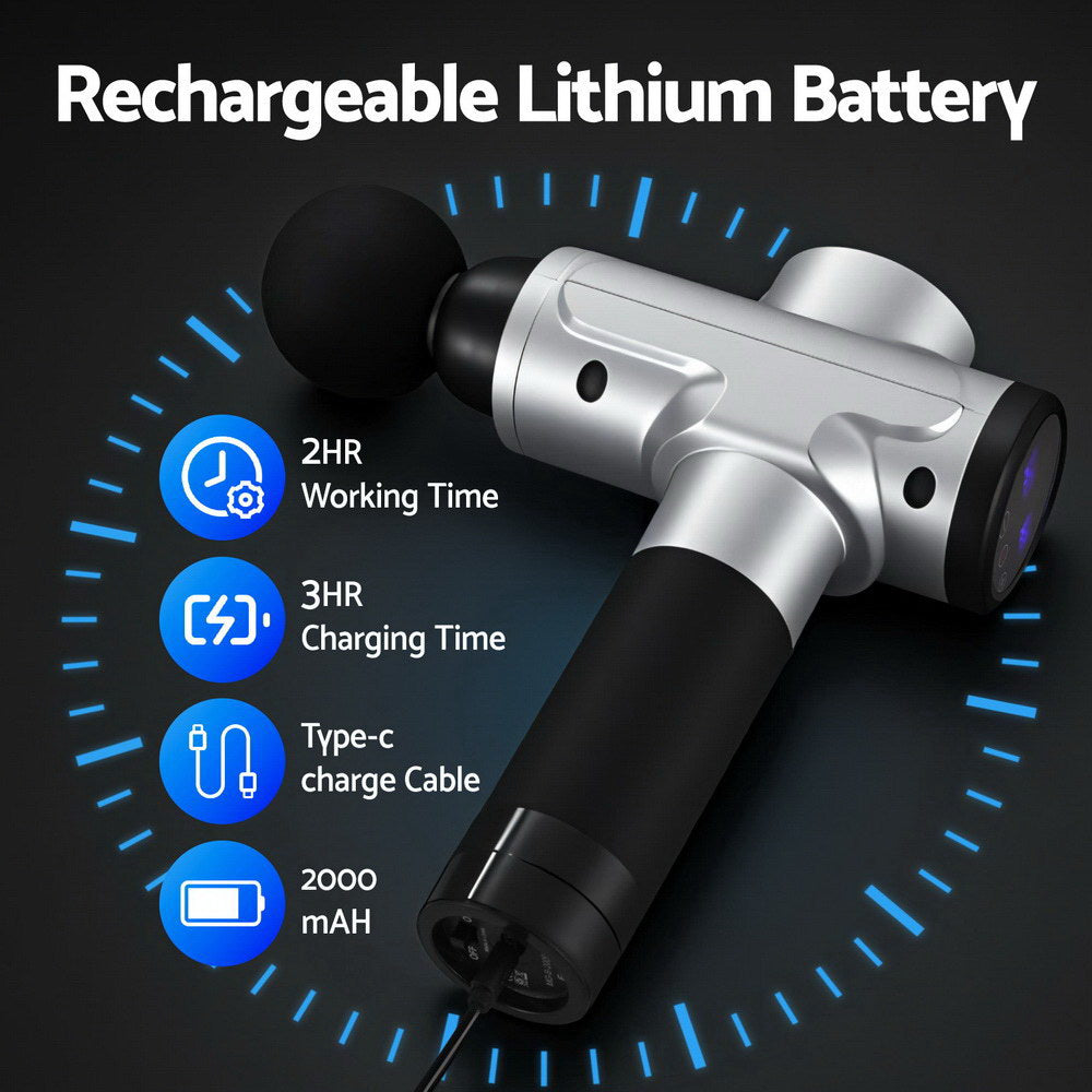 Everfit Massage Gun 30 Speed 6 Heads Vibration Muscle Massager Chargeable Silver-3