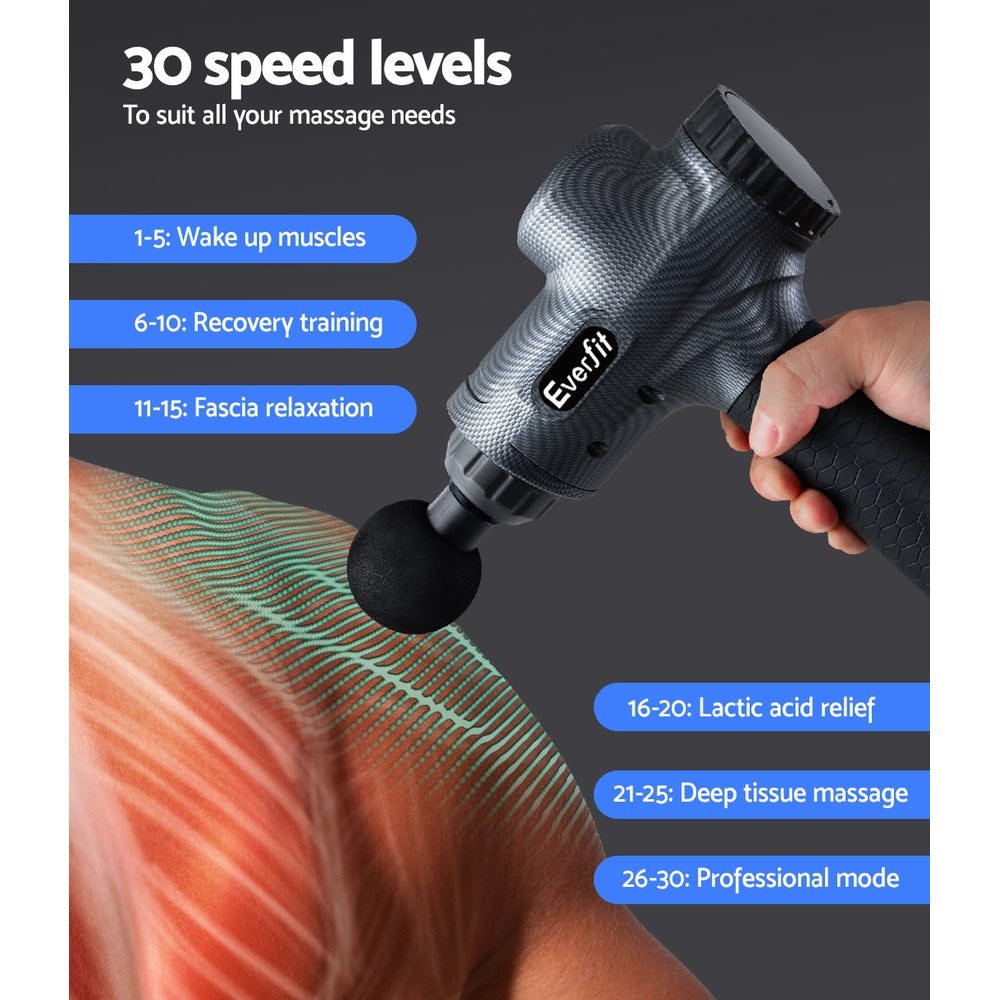 Everfit Massage Gun 30 Speed 6 Heads Vibration Muscle Massager Chargeable Grey-5