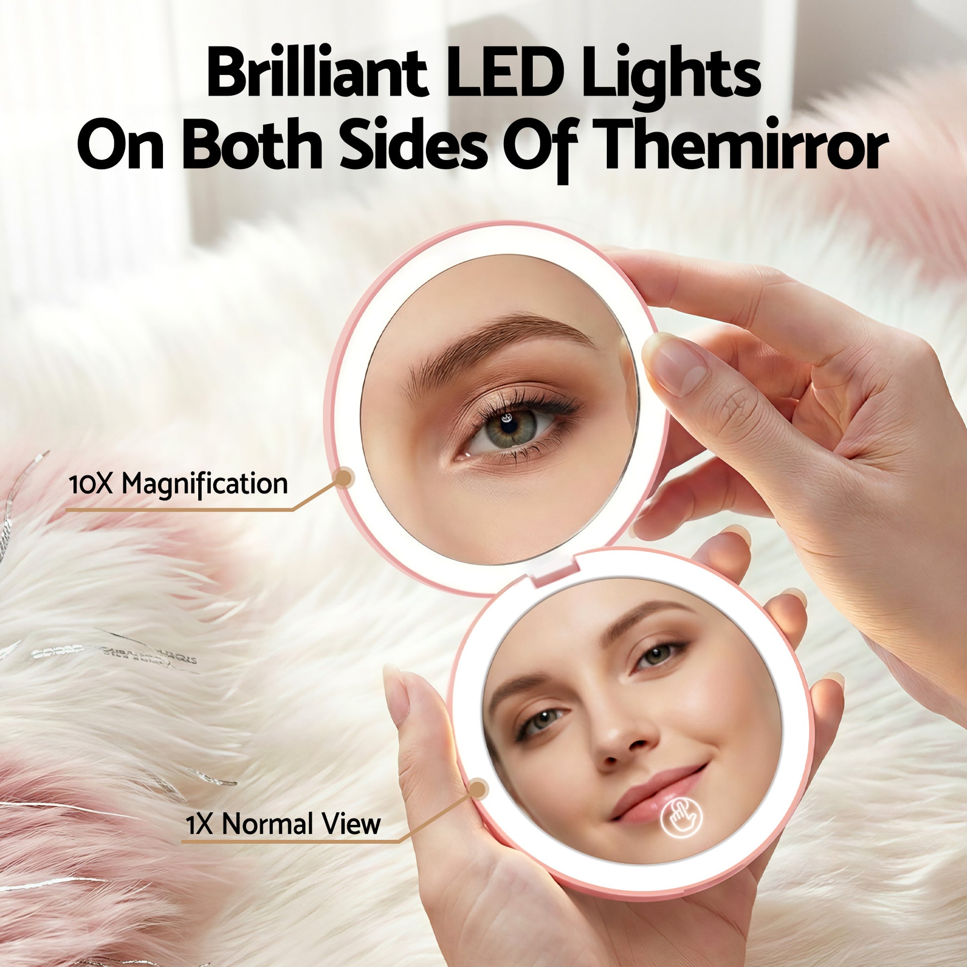 Embellir LED Compact Mirror Lighted Travel Makeup Mirror Pocket-Sized 1x 10x Magnification Round Pink-3