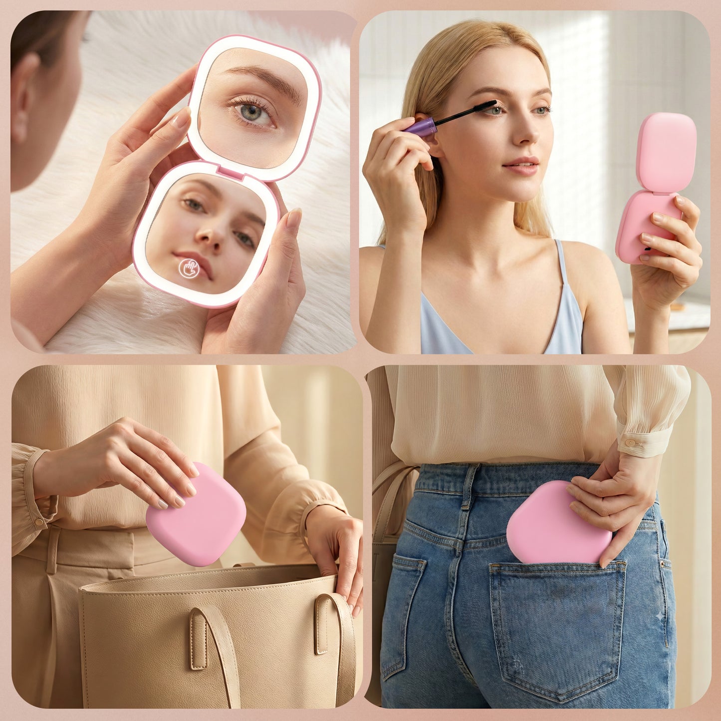 Embellir LED Compact Mirror Lighted Travel Makeup Mirror Pocket-Sized 1x 10x Magnification Square Pink-7