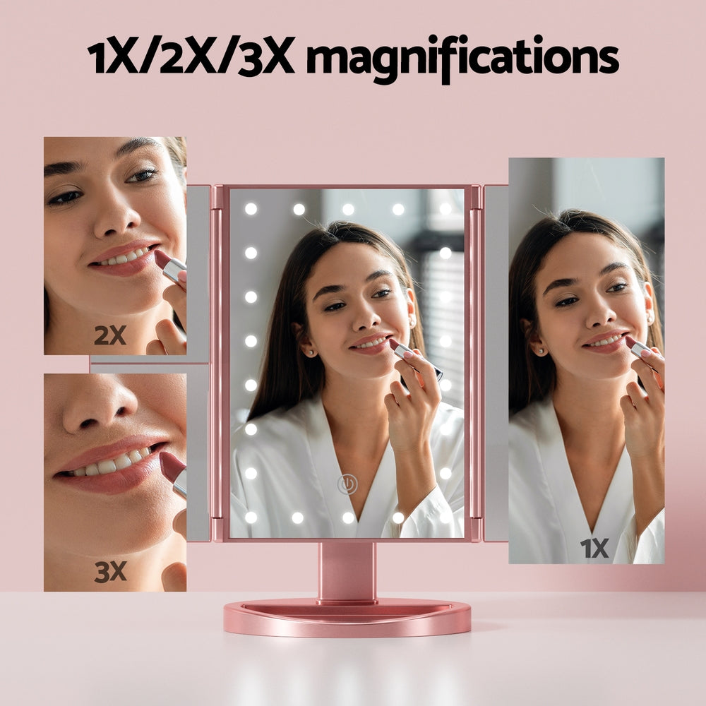 Embellir Tri-fold Makeup Mirror 1X2X3X Magnifying with LED Light Travel Portable Pink-4