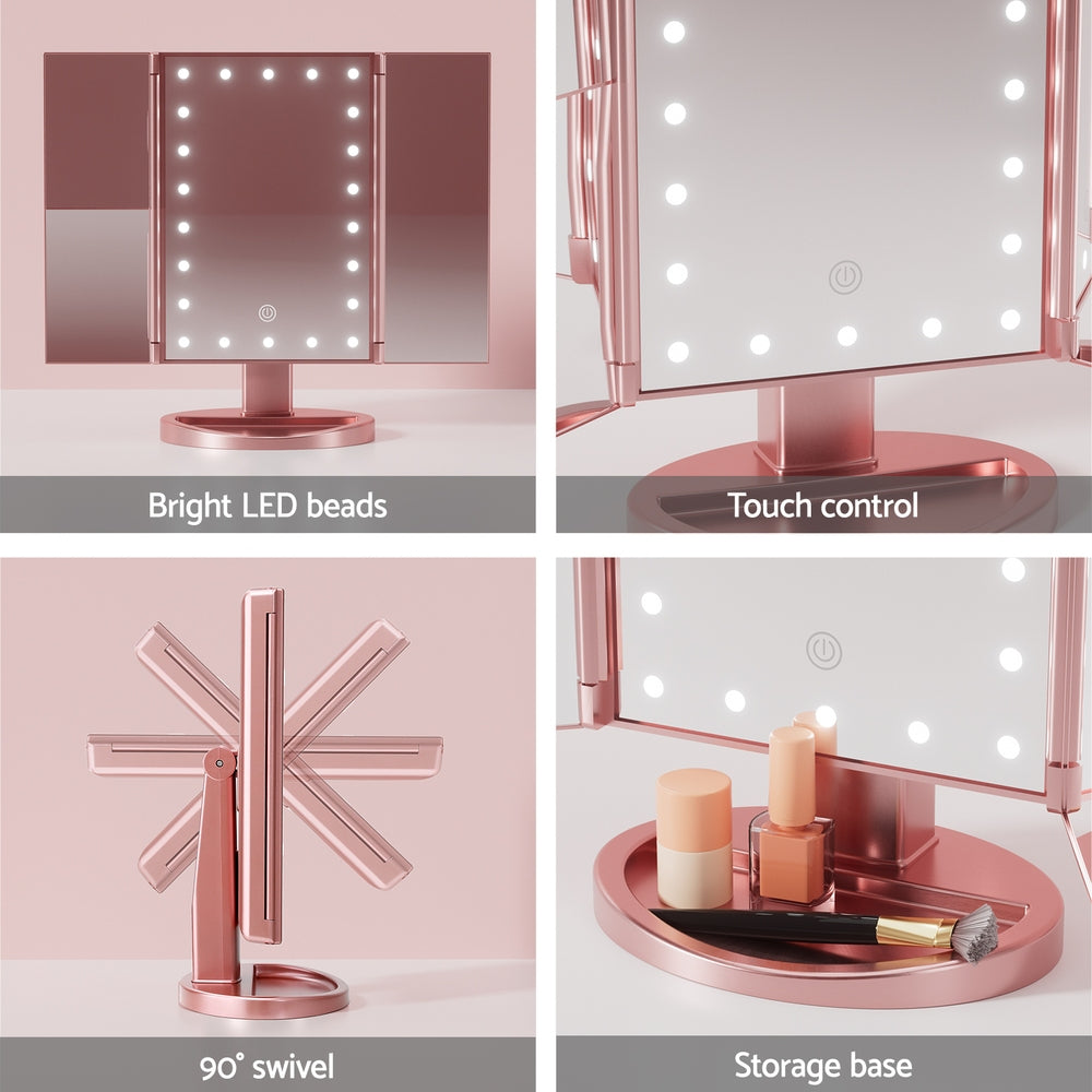 Embellir Tri-fold Makeup Mirror 1X2X3X Magnifying with LED Light Travel Portable Pink-6