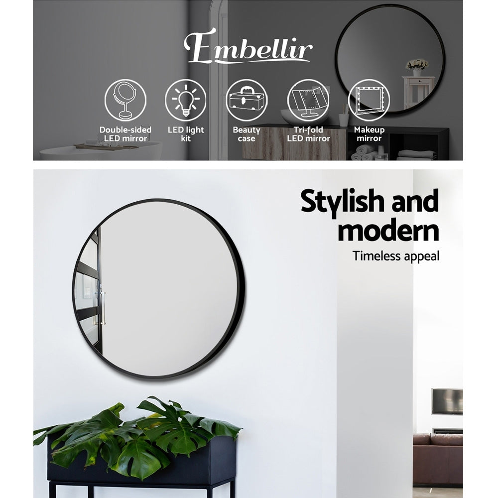 Embellir 2 Wall Mirror Makeup 50cm Home Decor Framed Mirrors Bathroom Round Black-3
