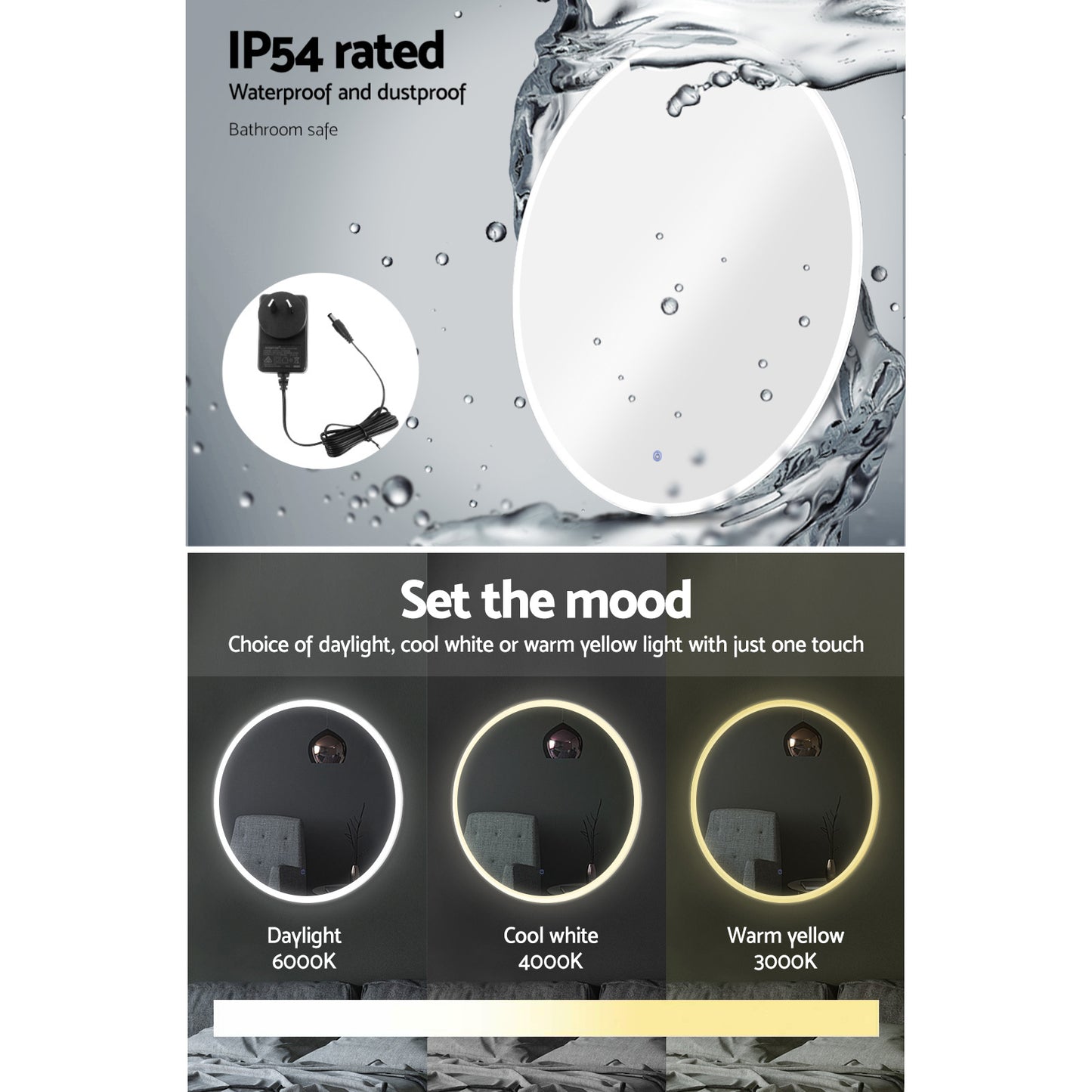 Embellir 2 Wall Mirror 80cm with Led light Makeup Home Decor Bathroom Round Vanity-4