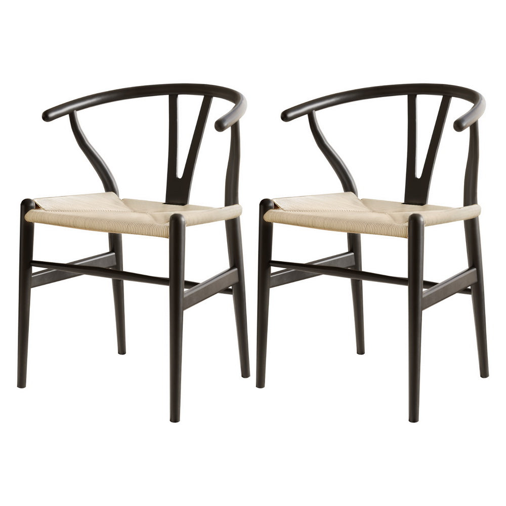 1 Set of 2 Artiss Dining Chairs Wooden Rattan Wishbone Black-0