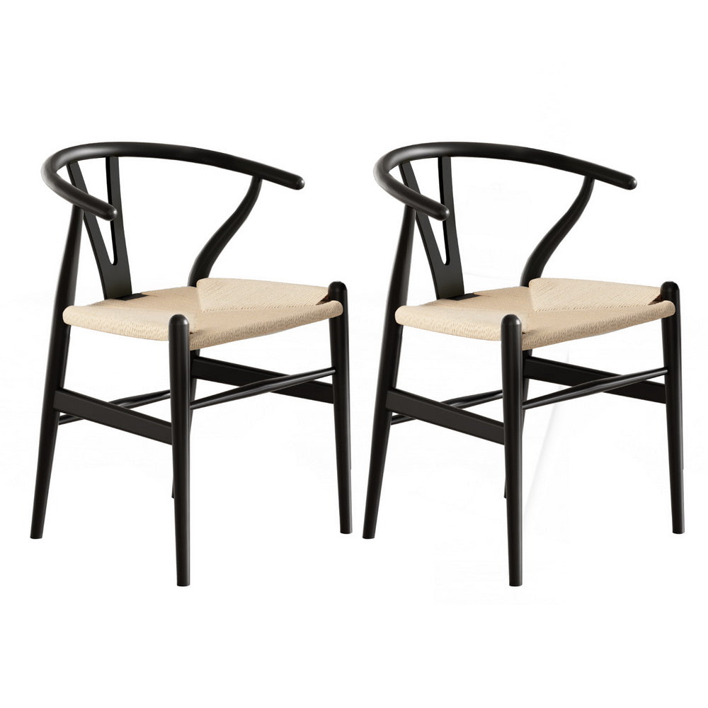 1 Set of 2 Artiss Dining Chairs Wooden Rattan Wishbone Black-2