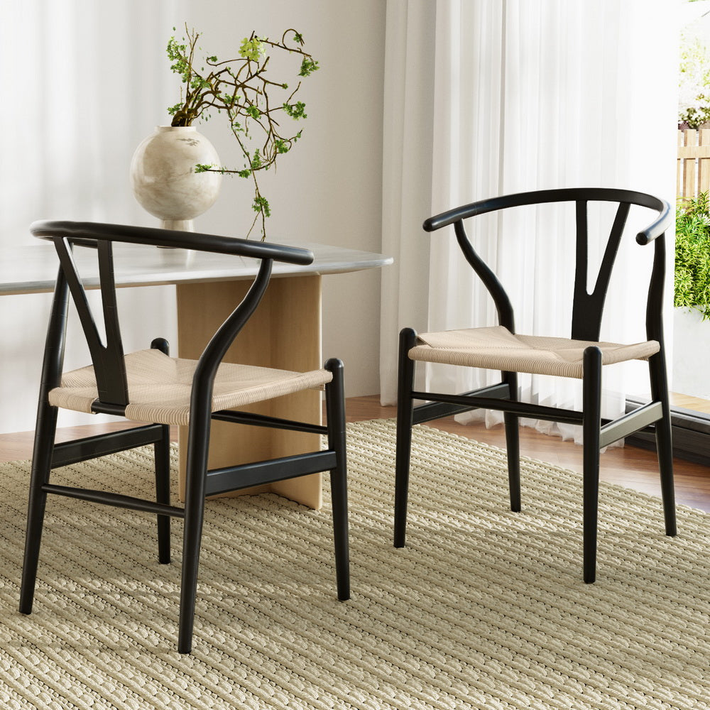 1 Set of 2 Artiss Dining Chairs Wooden Rattan Wishbone Black-6