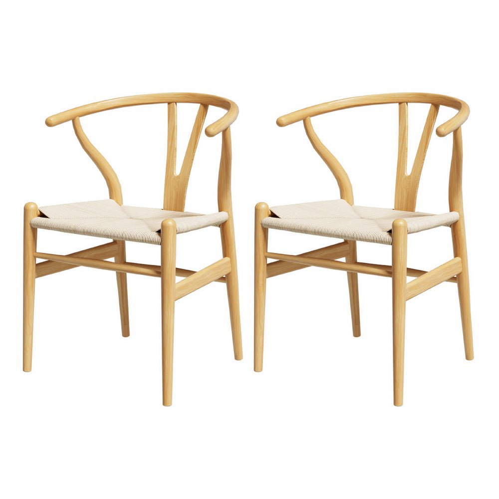 1 Set of 2 Artiss Dining Chairs Wooden Rattan Seat Wishbone Back-0