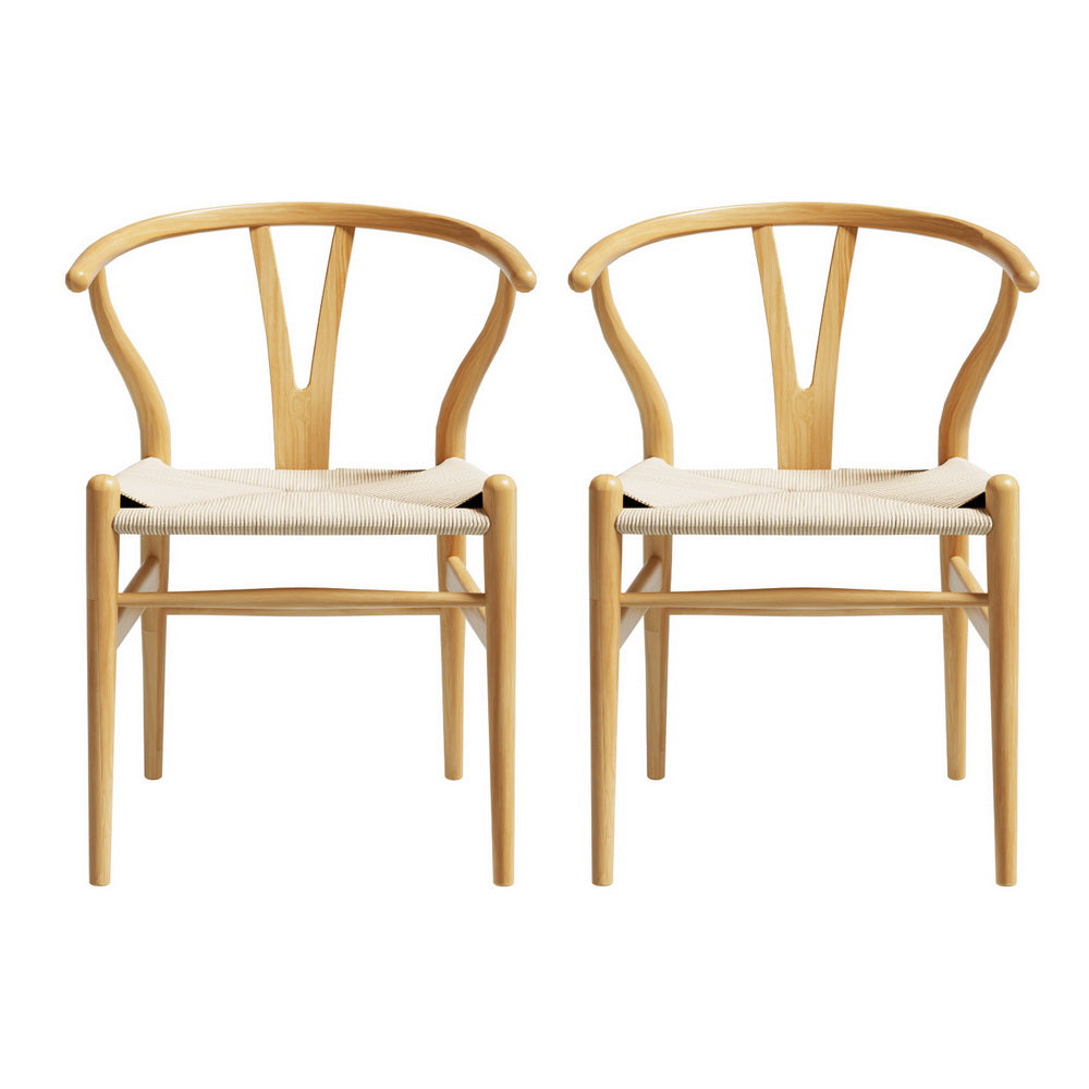 1 Set of 2 Artiss Dining Chairs Wooden Rattan Seat Wishbone Back-2