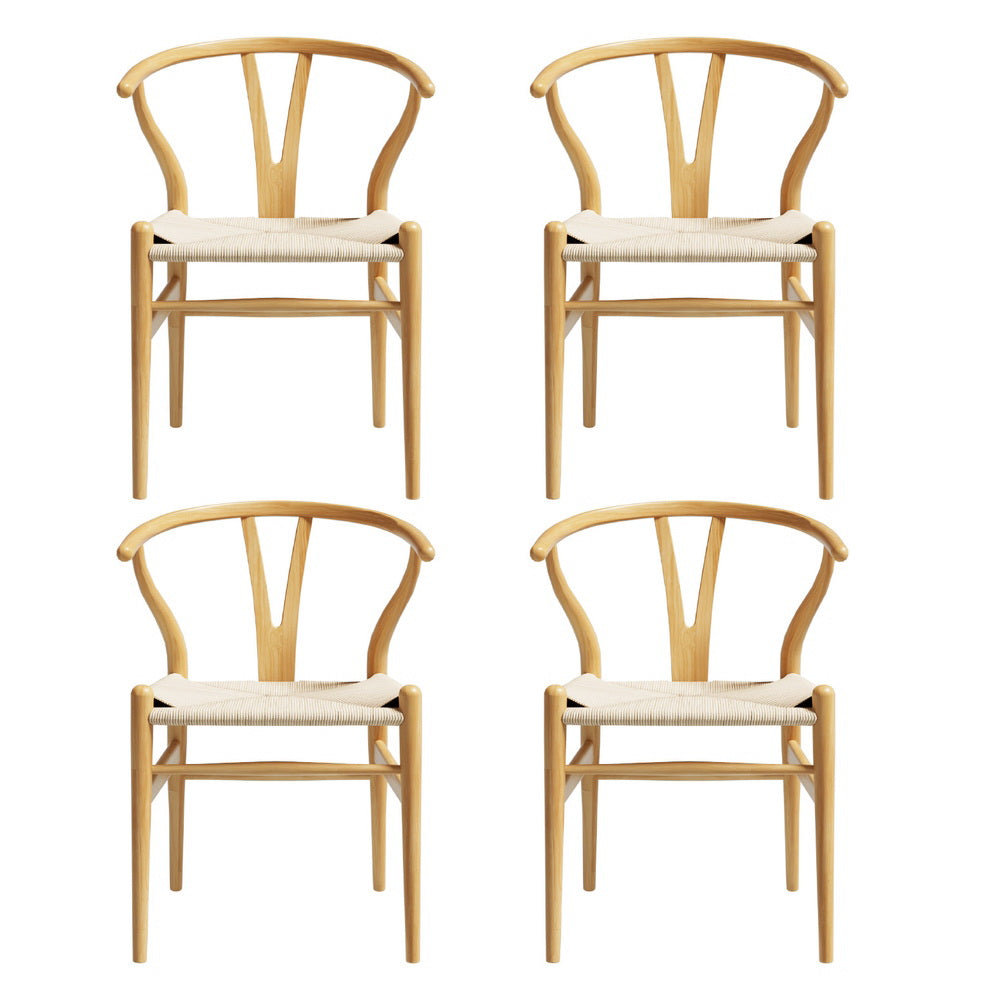 1 Set of 4 Artiss Dining Chairs Wooden Rattan Seat Wishbone Back-2