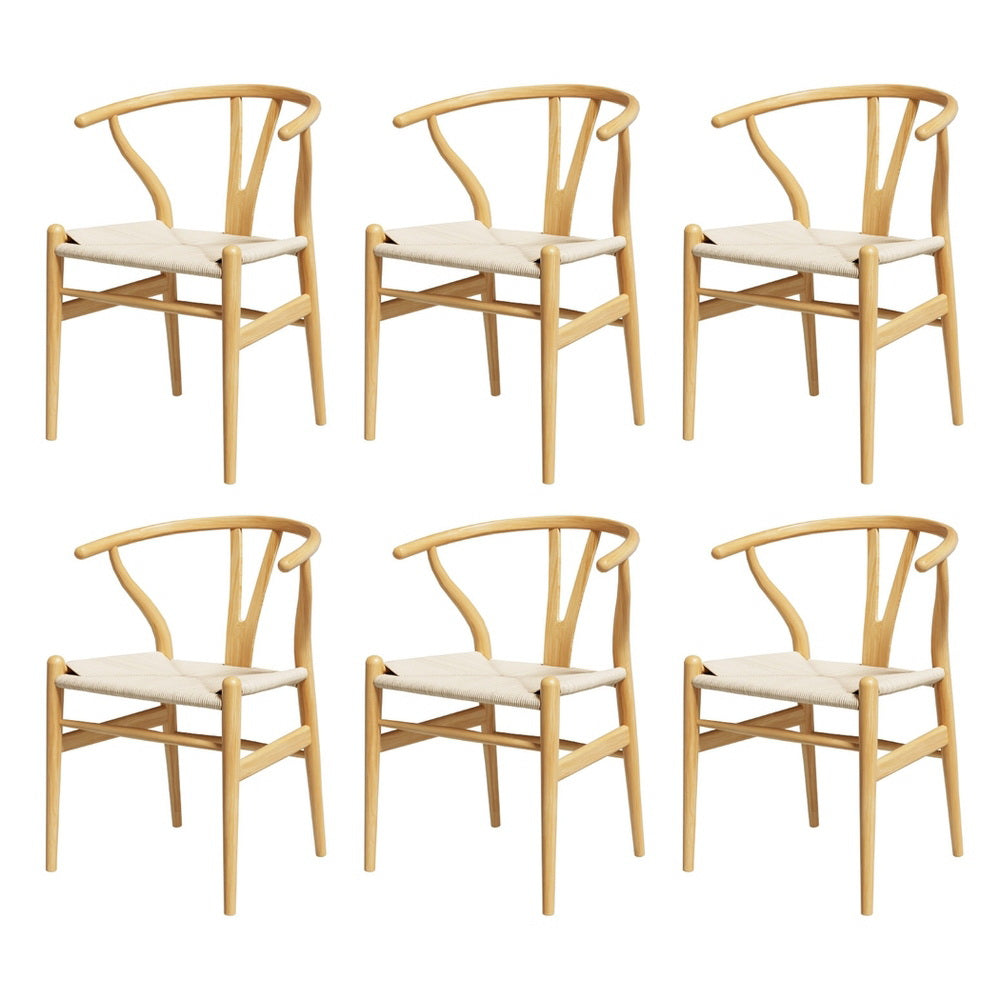 1 Set of 6 Artiss Dining Chairs Wooden Rattan Seat Wishbone Back-0