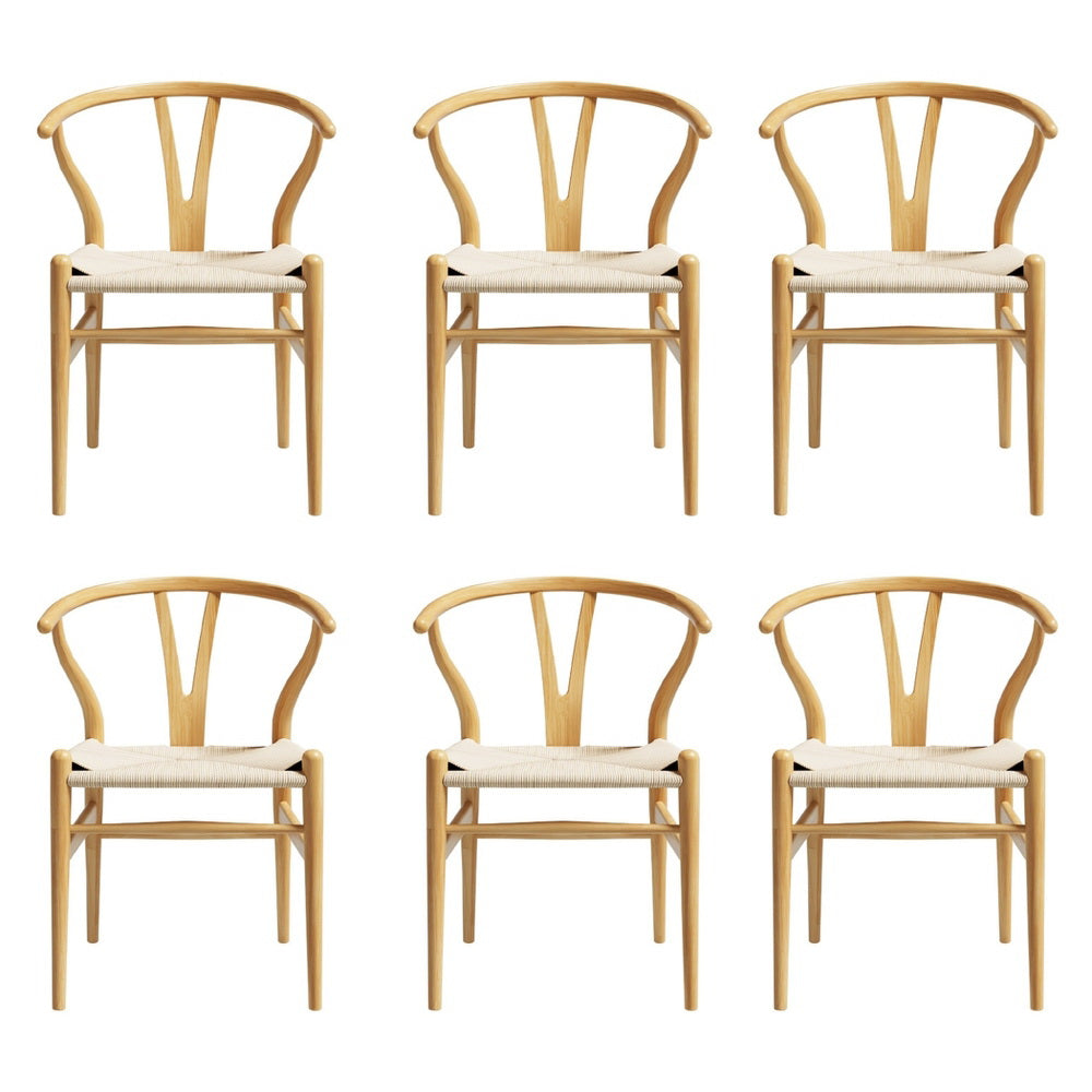 1 Set of 6 Artiss Dining Chairs Wooden Rattan Seat Wishbone Back-2