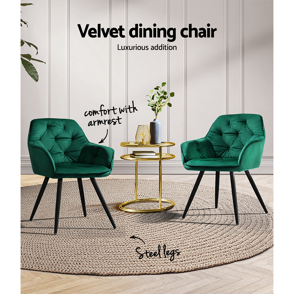 Artiss Dining Chairs Set of 2 Velvet Diamond Tufted Armchair Green-4