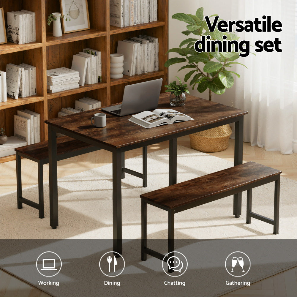 Artiss Dining Table and Chairs Set 3PCS Kitchen Metal Desk Bench Dark Walnut-3