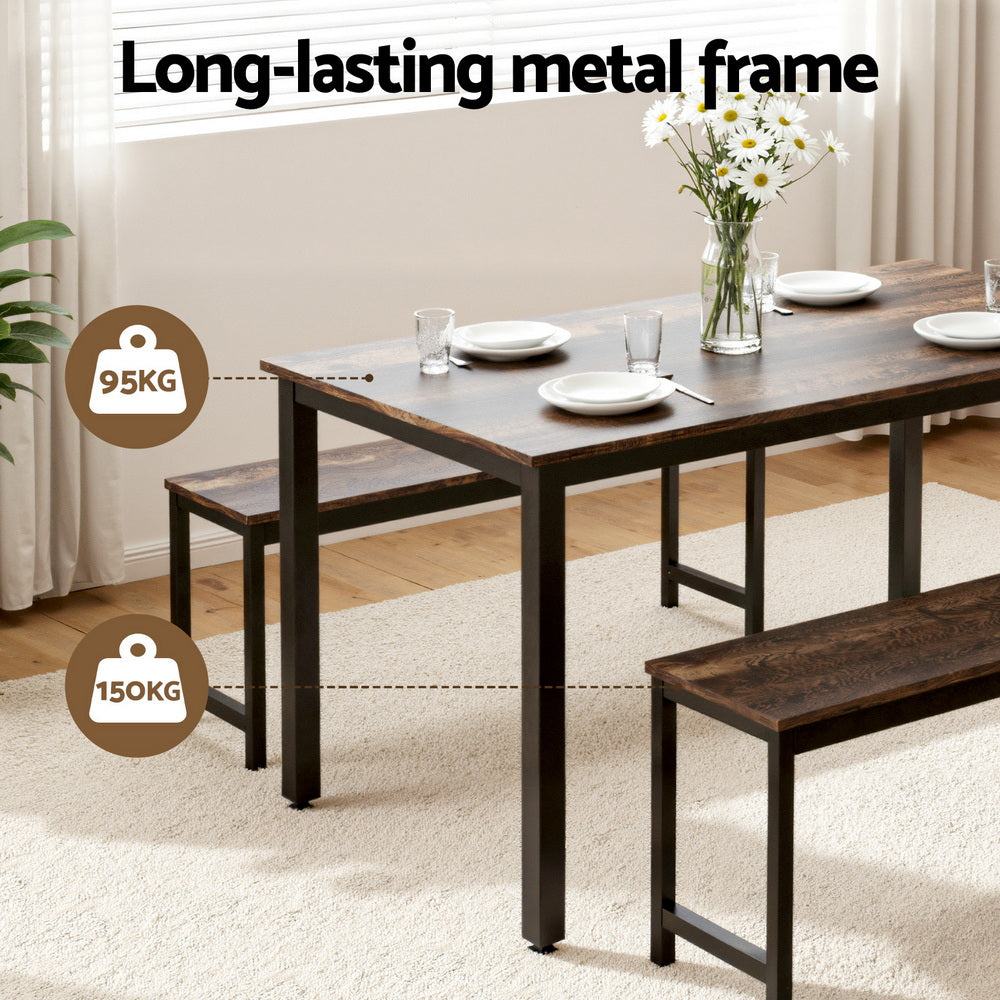 Artiss Dining Table and Chairs Set 3PCS Kitchen Metal Desk Bench Dark Walnut-4