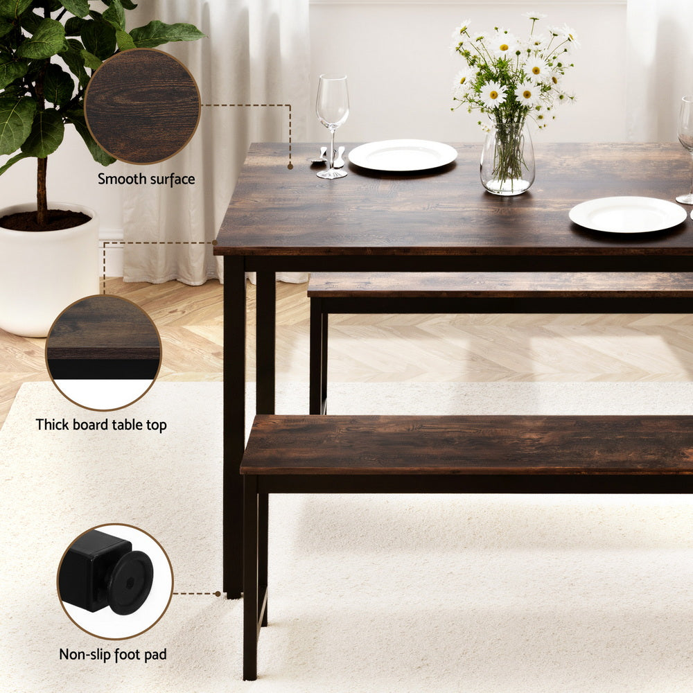 Artiss Dining Table and Chairs Set 3PCS Kitchen Metal Desk Bench Dark Walnut-5