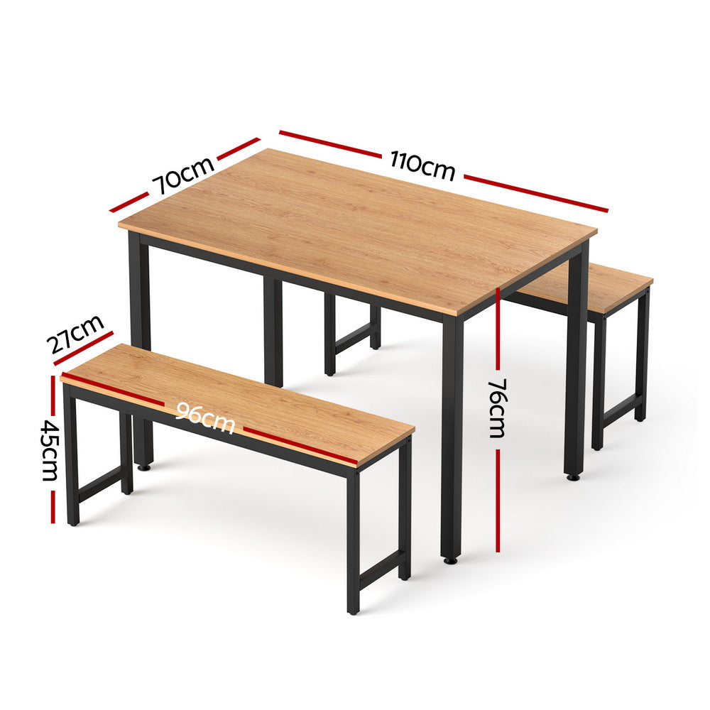 Artiss Dining Table and Chairs Set 3PCS Kitchen Metal Desk Bench Natural Oak-1