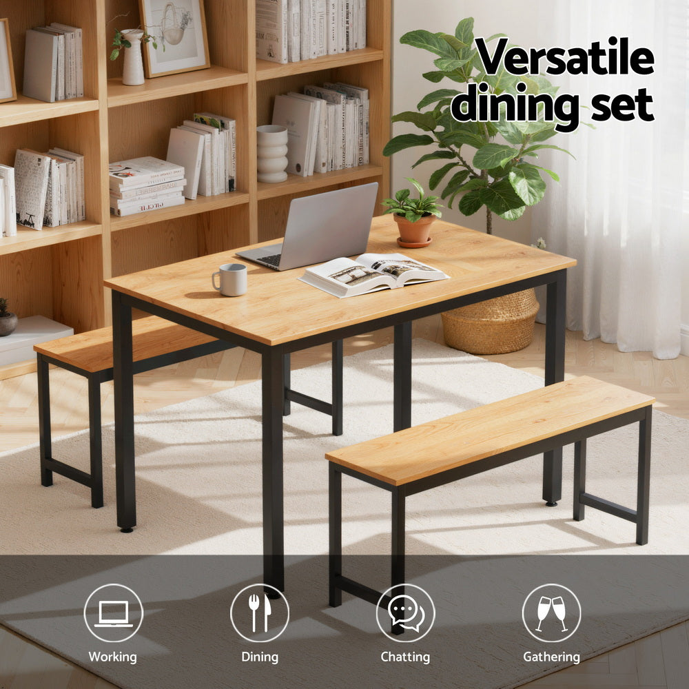 Artiss Dining Table and Chairs Set 3PCS Kitchen Metal Desk Bench Natural Oak-3