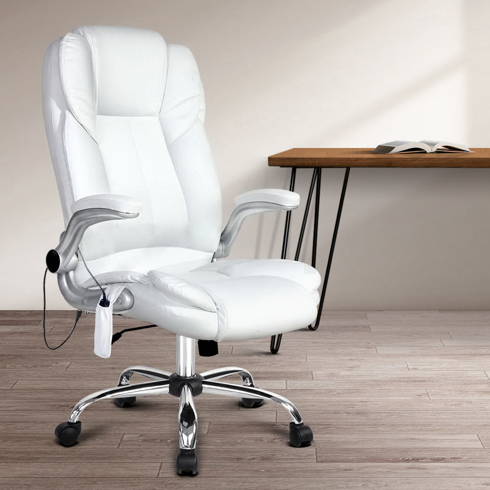 Artiss 8 Point Massage Office Chair PU Leather White-6