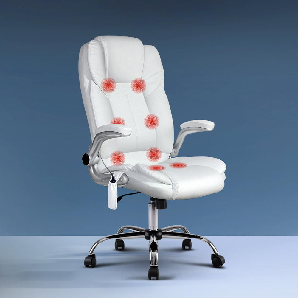 Artiss 8 Point Massage Office Chair PU Leather White-7