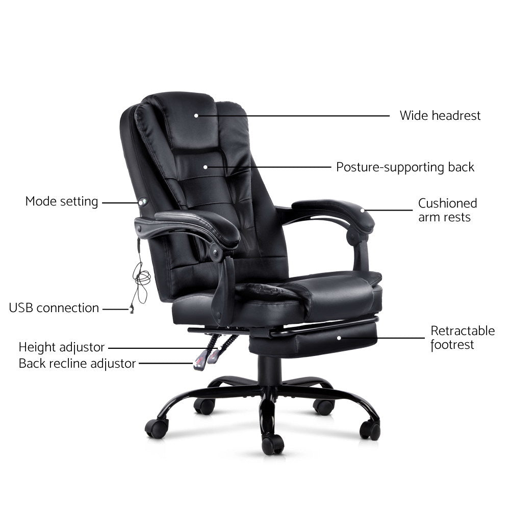 Artiss 2 Point Massage Office Chair PU Leather Footrest Black-2