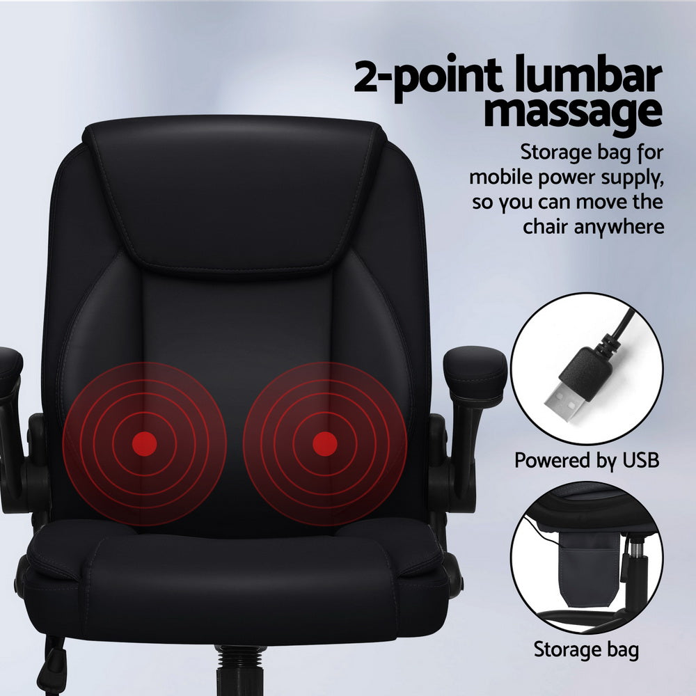 Artiss 2 Point Massage Office Chair Leather Mid Back Black-3