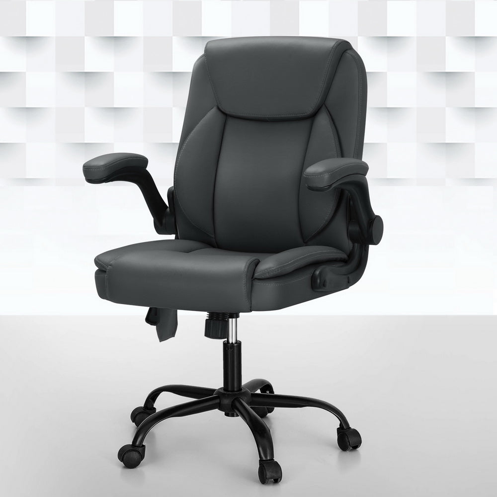 Artiss 2 Point Massage Office Chair Leather Mid Back Grey-6