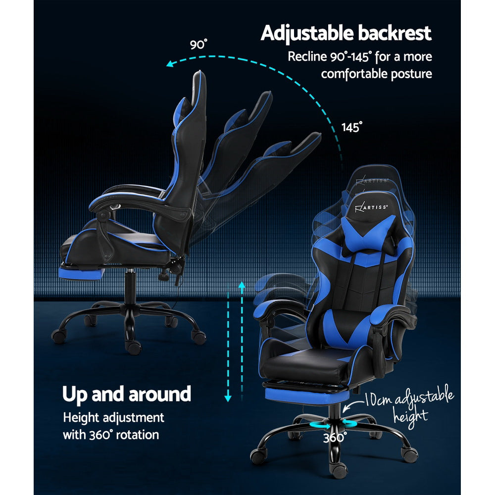 Artiss 2 Point Massage Gaming Office Chair Footrest Blue-4