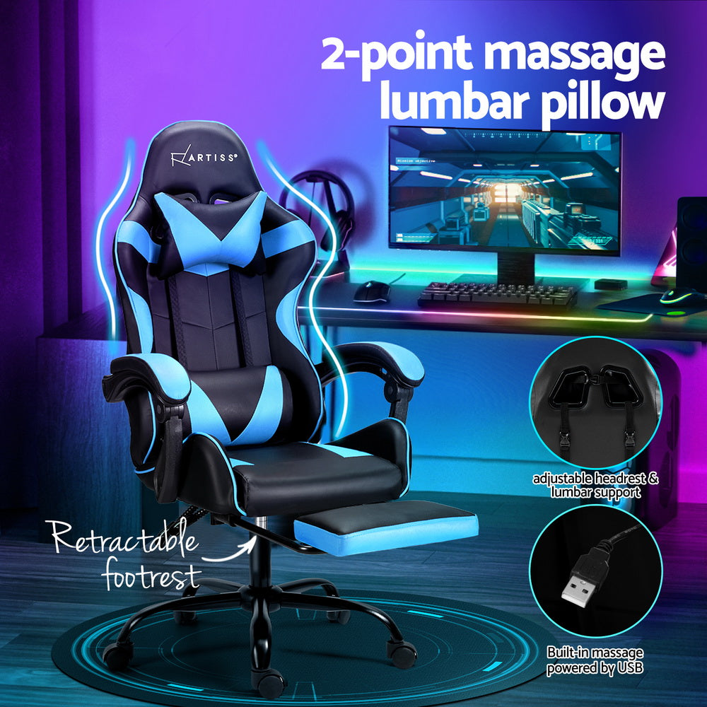 Artiss 2 Point Massage Gaming Office Chair Footrest Cyan Blue-3