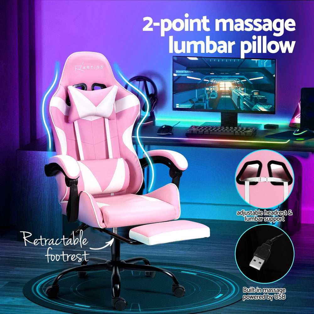 Artiss 2 Point Massage Gaming Office Chair Footrest Pink-3