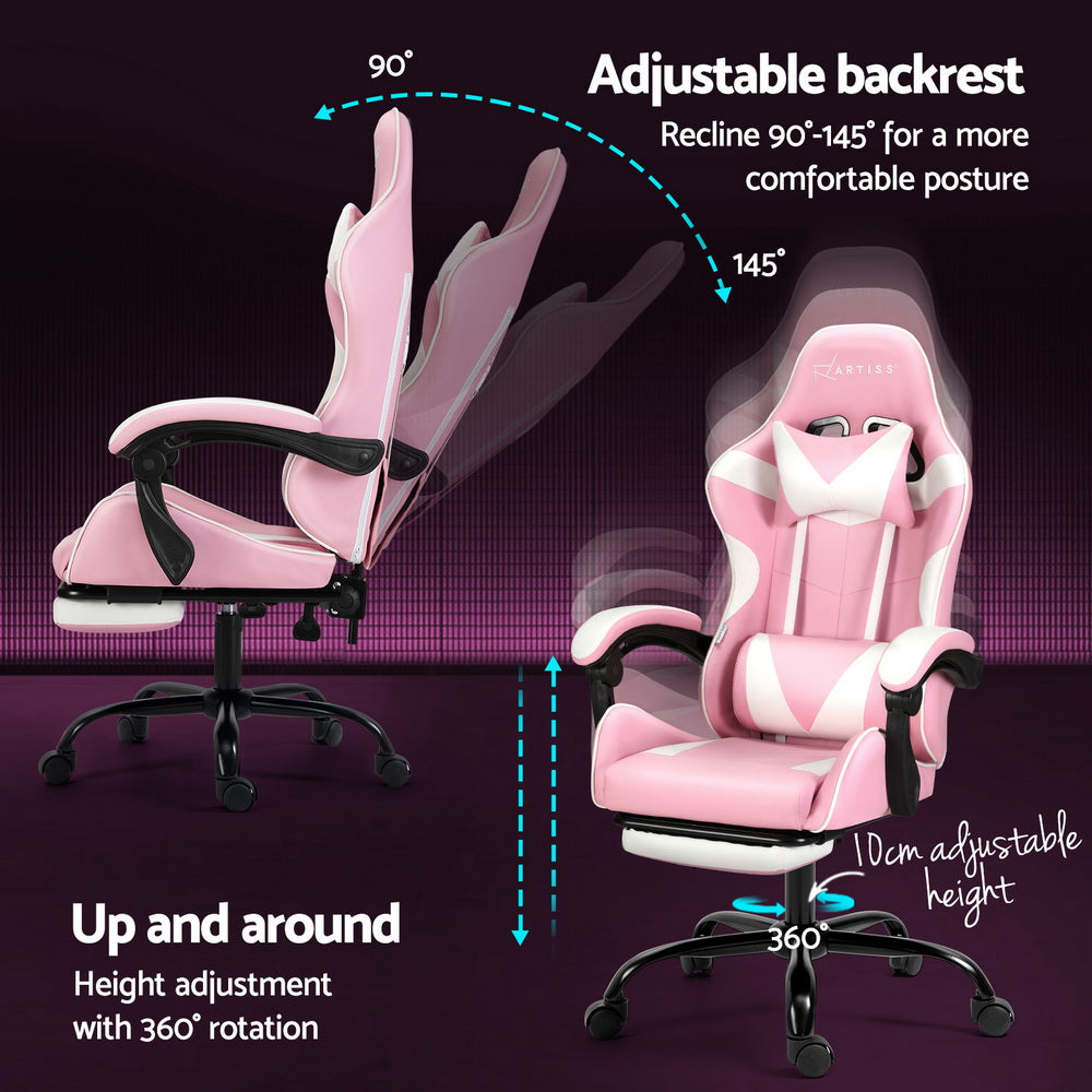 Artiss 2 Point Massage Gaming Office Chair Footrest Pink-4