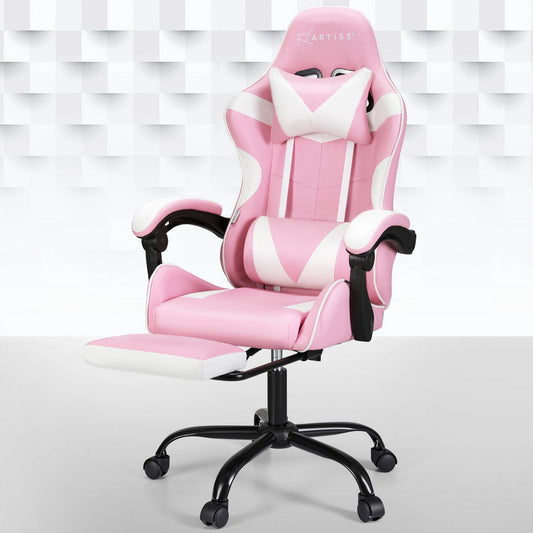 Artiss 2 Point Massage Gaming Office Chair Footrest Pink-0