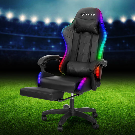 Artiss 6 Point Massage Gaming Office Chair 7 LED Footrest Black-0