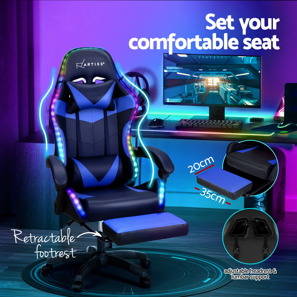 Artiss 6 Point Massage Gaming Office Chair 7 LED Footrest Blue-4