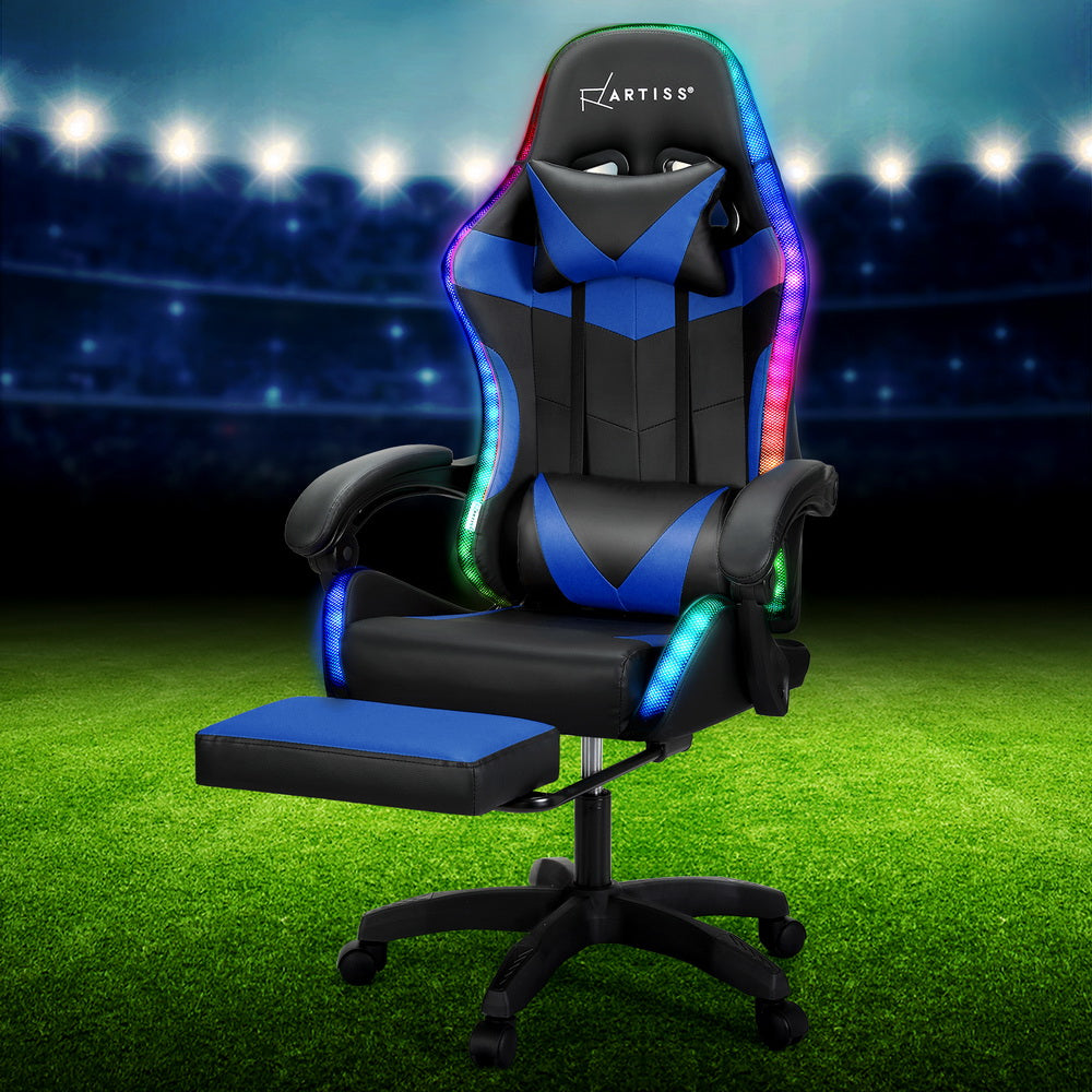 Artiss 6 Point Massage Gaming Office Chair 7 LED Footrest Blue-6