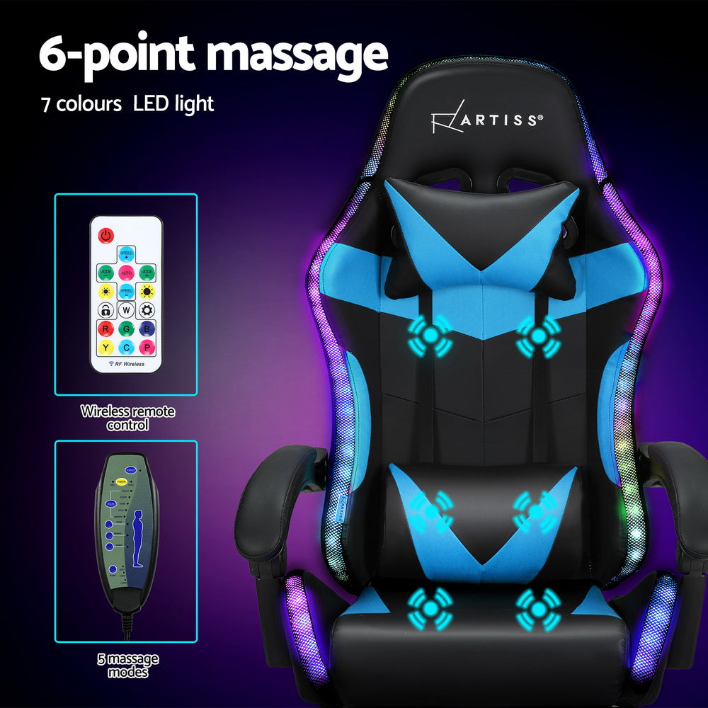 Artiss 6 Point Massage Gaming Office Chair 7 LED Footrest Cyan Blue-3