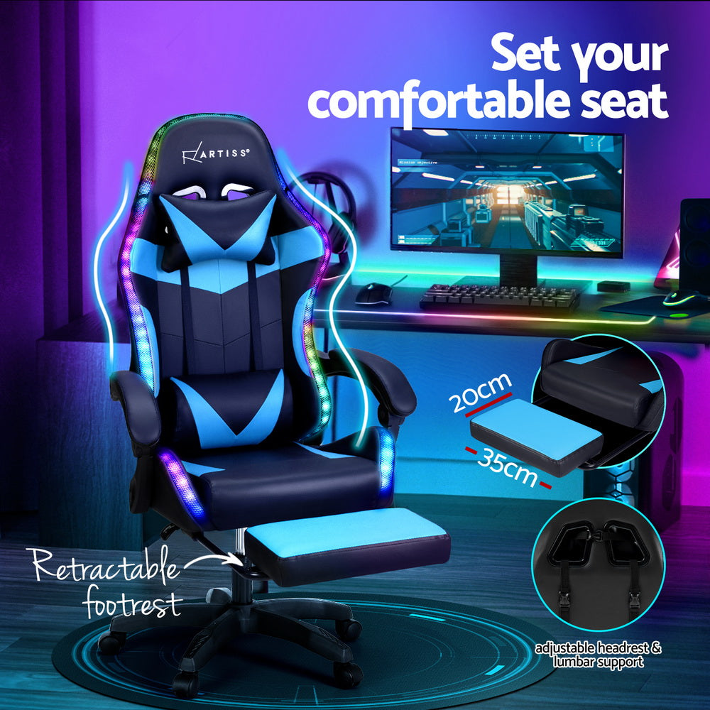 Artiss 6 Point Massage Gaming Office Chair 7 LED Footrest Cyan Blue-4