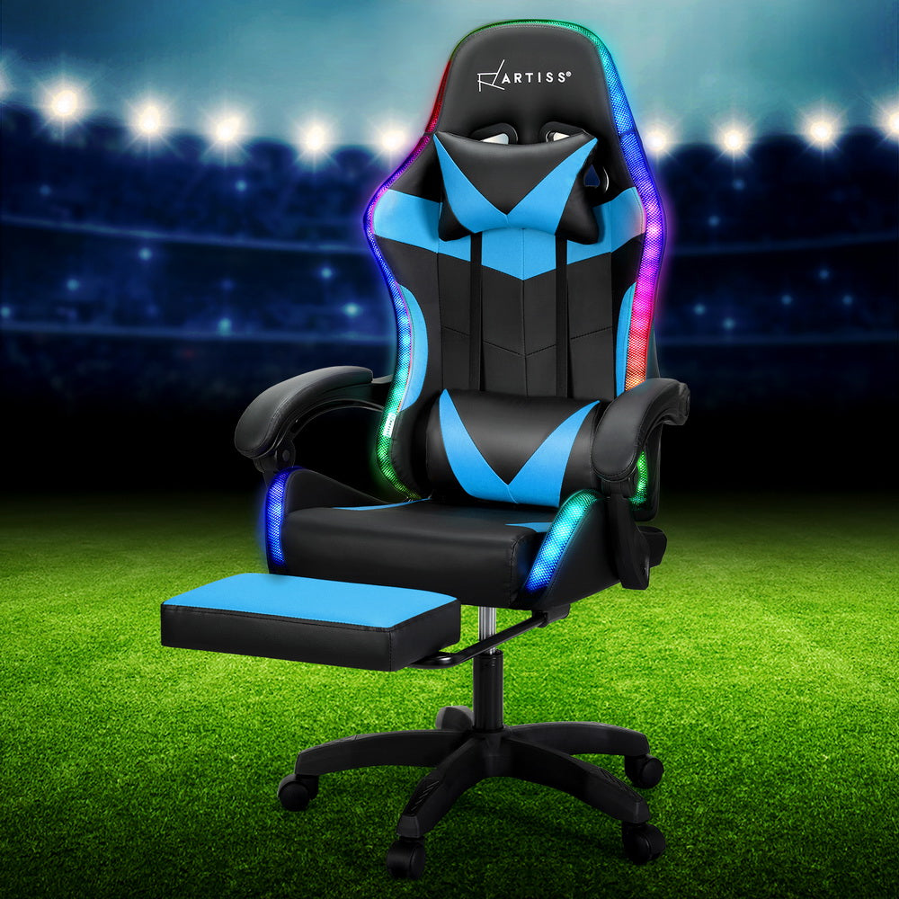 Artiss 6 Point Massage Gaming Office Chair 7 LED Footrest Cyan Blue-0