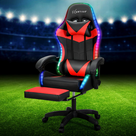 Artiss 6 Point Massage Gaming Office Chair 7 LED Footrest Red-0