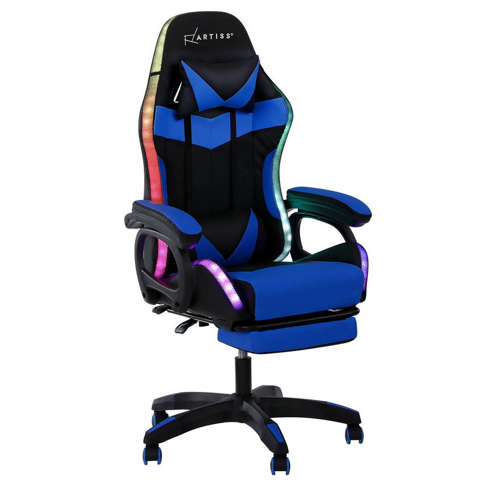 Artiss Gaming Office Chair 12 RGB LED Massage Computer Work Seat Footrest Blue-0
