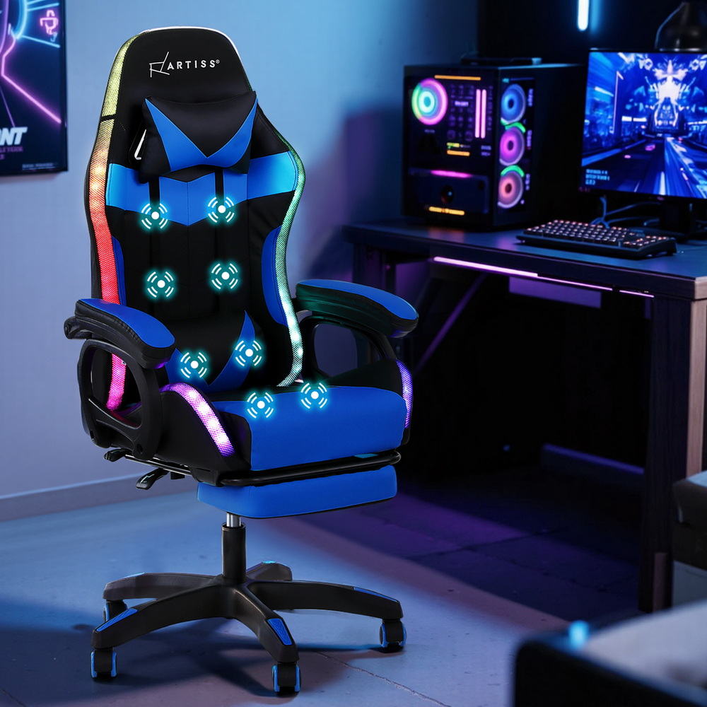 Artiss Gaming Office Chair 12 RGB LED Massage Computer Work Seat Footrest Blue-6