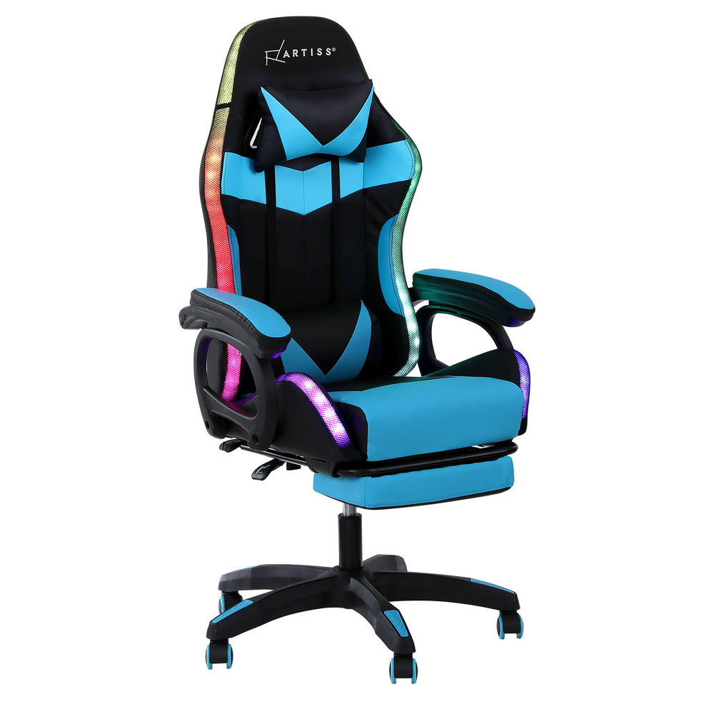 Artiss Gaming Office Chair 12 RGB LED Massage Computer Work Seat Footrest Cyan-0