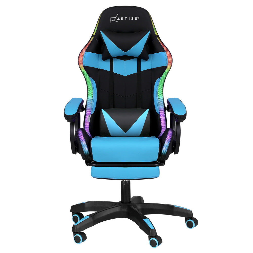 Artiss Gaming Office Chair 12 RGB LED Massage Computer Work Seat Footrest Cyan-2