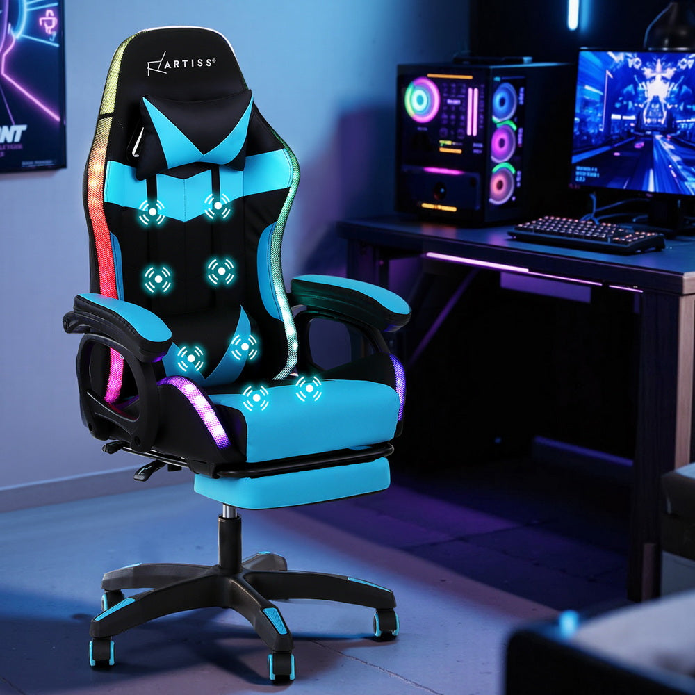 Artiss Gaming Office Chair 12 RGB LED Massage Computer Work Seat Footrest Cyan-6