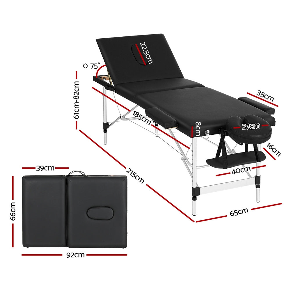 Zenses Massage Table 65cm Portable 3 Fold Aluminium Beauty Bed Black-1