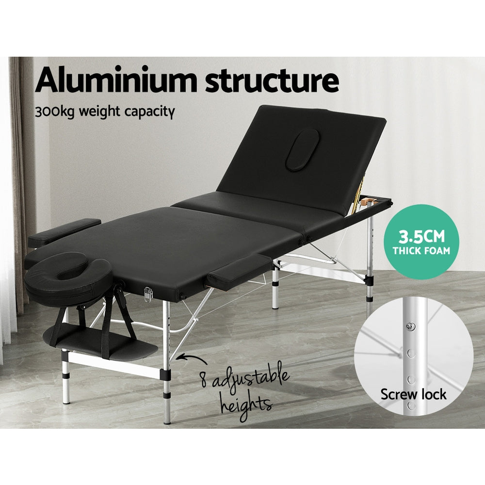 Zenses Massage Table 65cm Portable 3 Fold Aluminium Beauty Bed Black-3