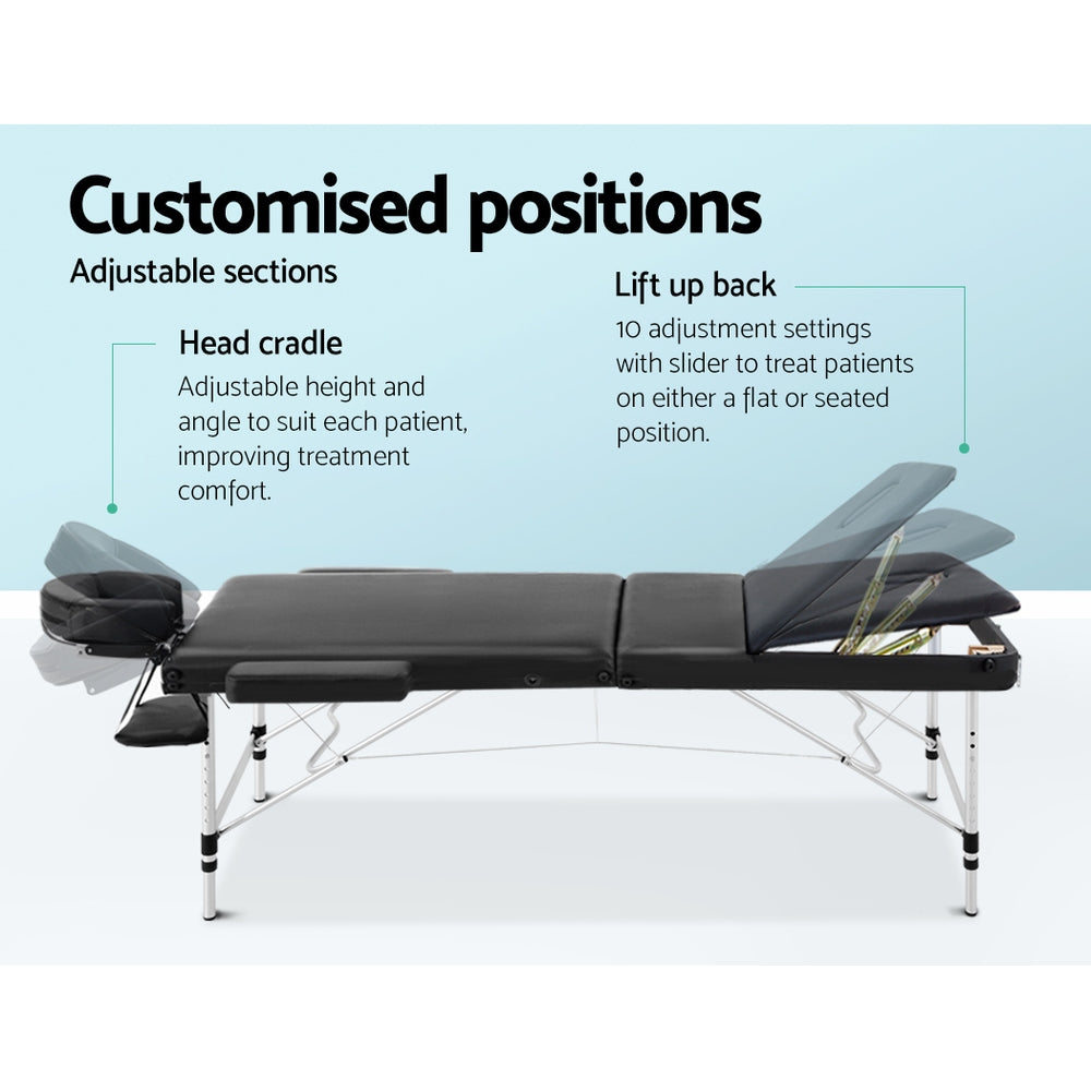 Zenses Massage Table 80cm Portable 3 Fold Aluminium Beauty Bed Black-3