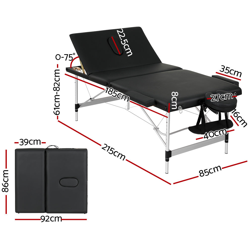 Zenses Massage Table 85cm Portable 3 Fold Aluminium Beauty Bed Black-1