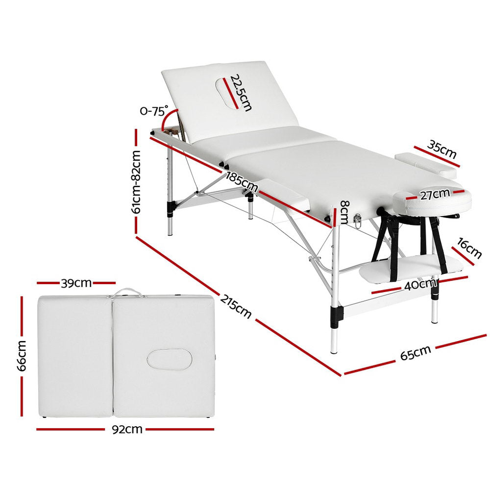 Zenses Massage Table 65cm Portable 3 Fold Aluminium Beauty Bed White-1